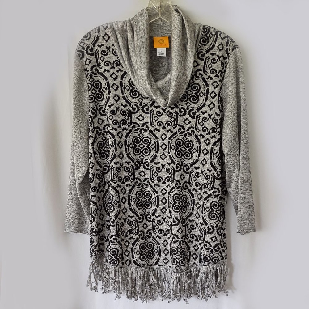 Ruby Rd Flocked Black Silver Metallic Cowl Neck Tunic Top L Large EUC Fringe
